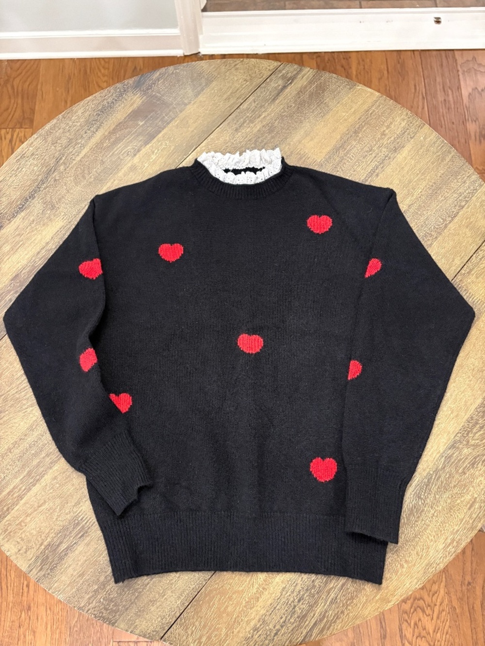 Black Sweater with Red Hearts and White Ruffle Color Size Small